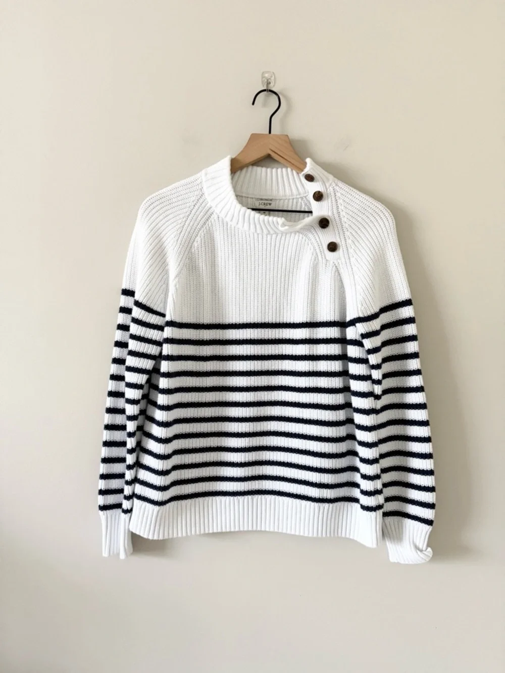 J. Crew Knit Cotton Sweater With Button Neck in White & Navy Stripe Size M
